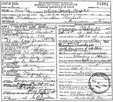 Mathew Franklin Harbert Death Certificate, 1937
