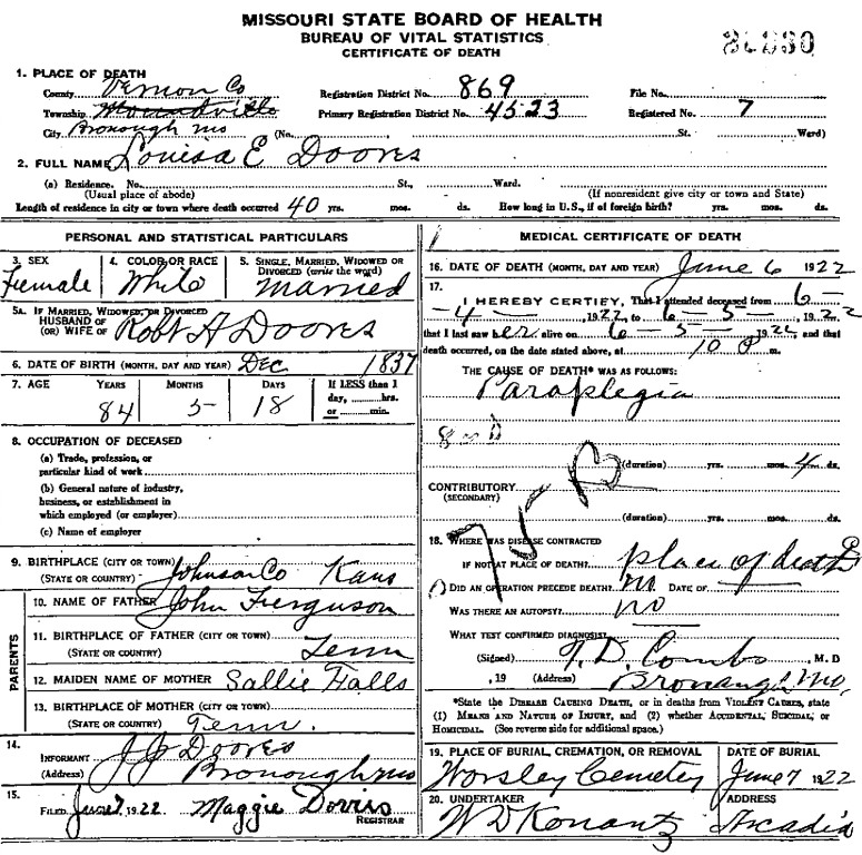 Louise E. Ferguson Doores Death Certificate, 1922