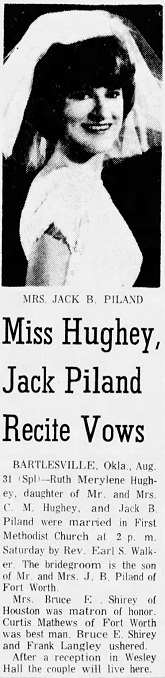 Newspaper announcement about the marriage of Ruth Merylene Hughey and Jackie Bob 