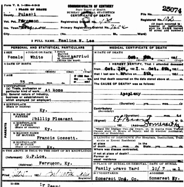 Emaline W. Pleasants Lee Death Certificate, 1921